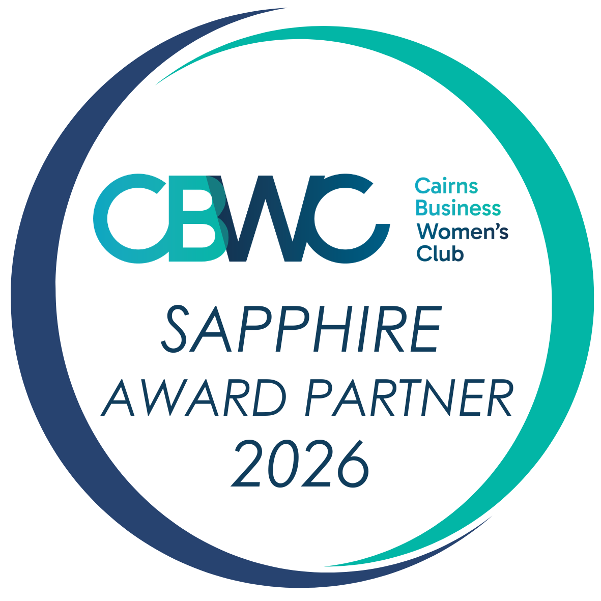Circular CBWC Sapphire Award Partner 2026 badge showing the CBWC logo and Cairns Business Women's Club text.